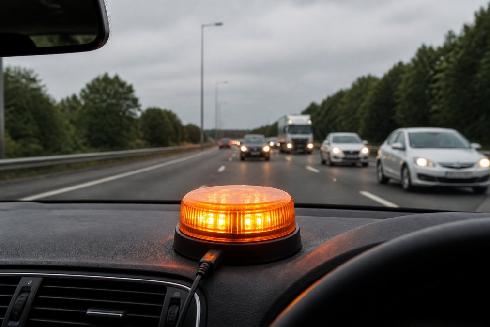 GPS-Enabled Hazard Lights: Why Choose Them Close-up of a GPS-enabled emergency beacon mounted on a vehicle dashboard with the light activating, motorway visible through the windscreen with approaching traffic in the background