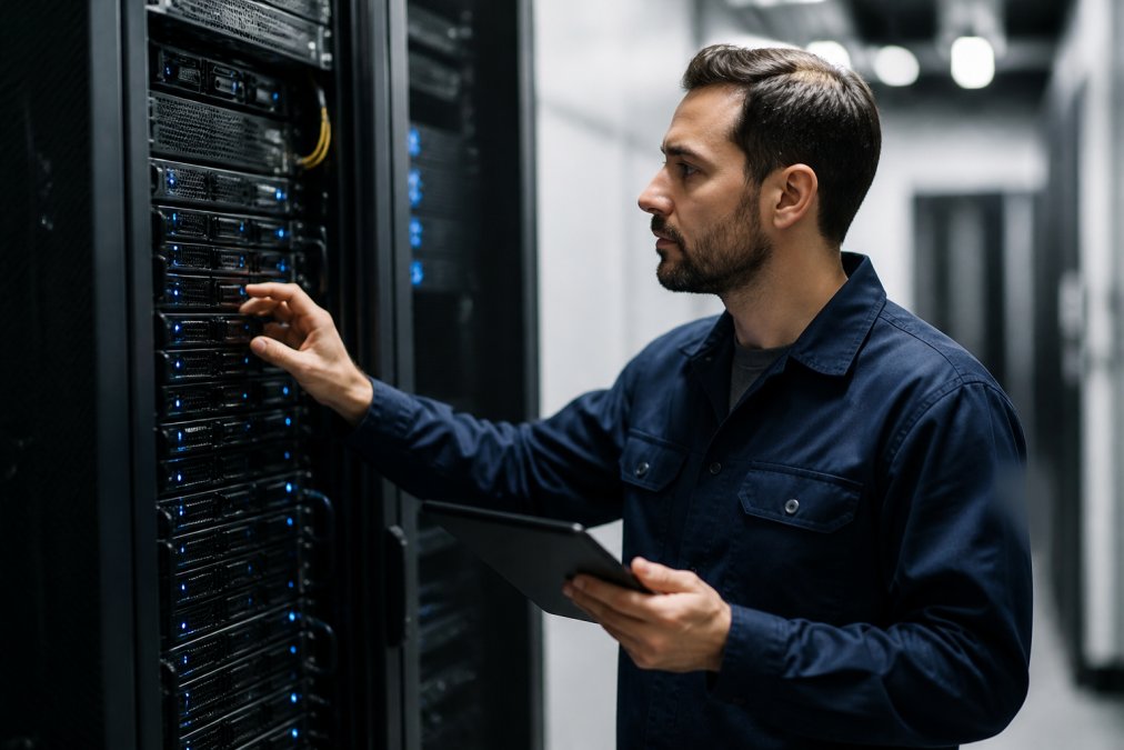 A data center technician in a server room inspecting a rack of GPU servers with blue indicator lights, focused expression, shallow depth of field