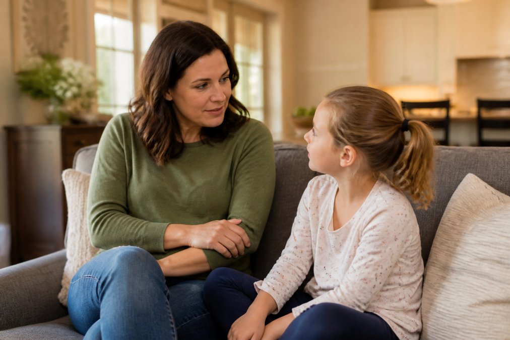 A mother models grace based approaches to christian motherhood while talking with her child on a sunlit couch.