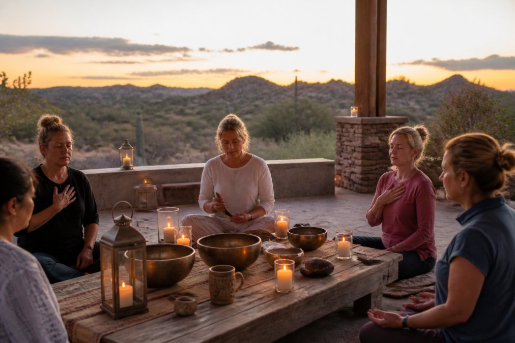 A ritual process diagram showing desert healing steps for grace in the desert with singing bowls and candles.