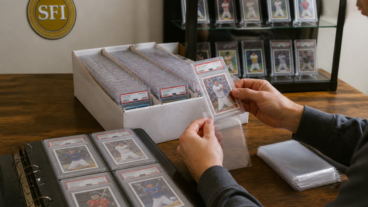 Collector placing a PSA-graded card into a sleeve among organized storage boxes for graded card collection organization tips