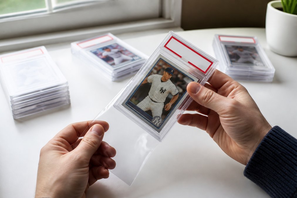Close-up of a collector's hands carefully sliding a crystal-clear protective sleeve over a PSA-graded trading card slab on a clean white table, with several other graded slabs arranged neatly in the background, under bright natural window light