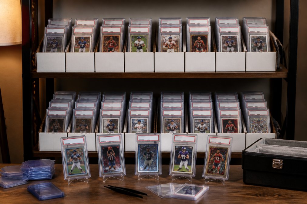 A well-organized storage shelf displaying rows of graded card slabs in clear protective sleeves, standing upright in labeled slab storage boxes, with display stands holding featured cards at the front, photographed under warm indoor lighting
