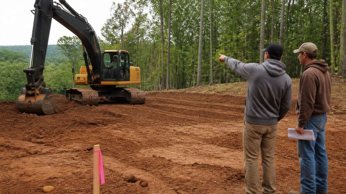 Excavator smoothing a wooded North Carolina lot where grading cost is determined by land conditions