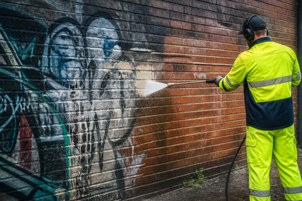 Professional operator using high-pressure water blasting equipment on a brick wall to remove spray paint, showing the contrast between cleaned and uncleaned sections of graffiti
