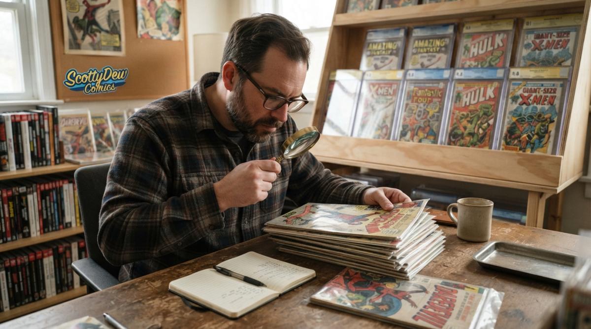 Collector carefully examining a stack of comic books on a desk with a magnifying glass, slabbed comics visible in the background on a display shelf