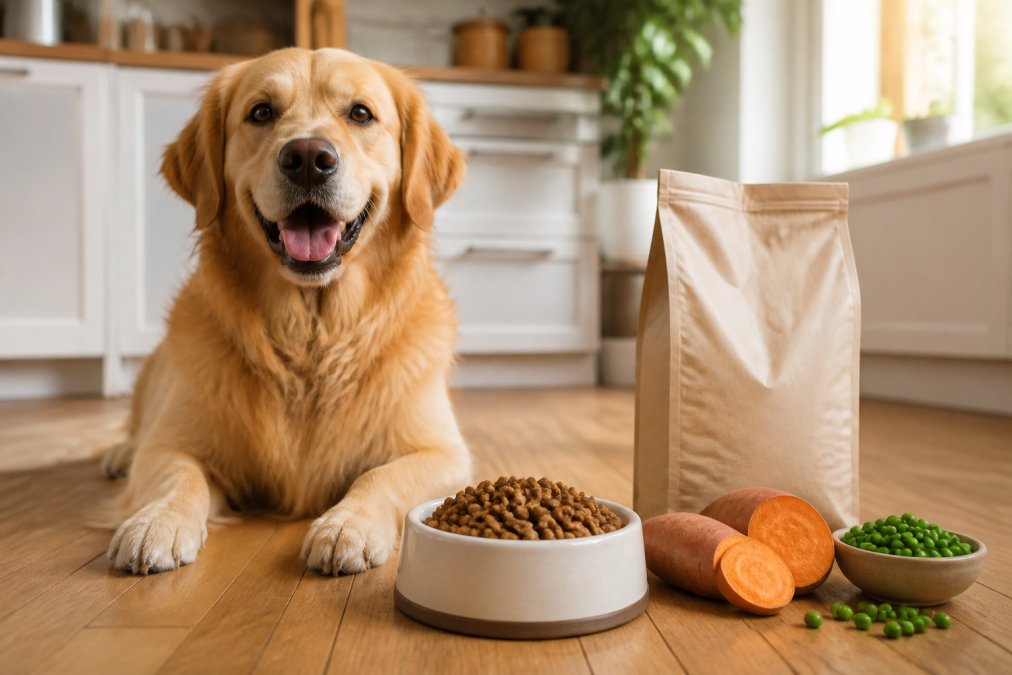 A happy, healthy dog sitting beside a ceramic bowl of grain-free kibble, with a bag of dog food and fresh sweet potato and peas arranged on a wooden kitchen floor in warm natural light