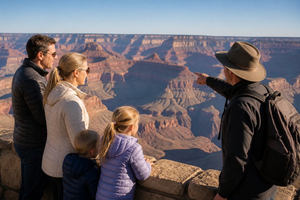 A family with two children looking out over the Grand Canyon from a scenic viewpoint on the South Rim, with a guide pointing out geological features in the distance, golden afternoon light