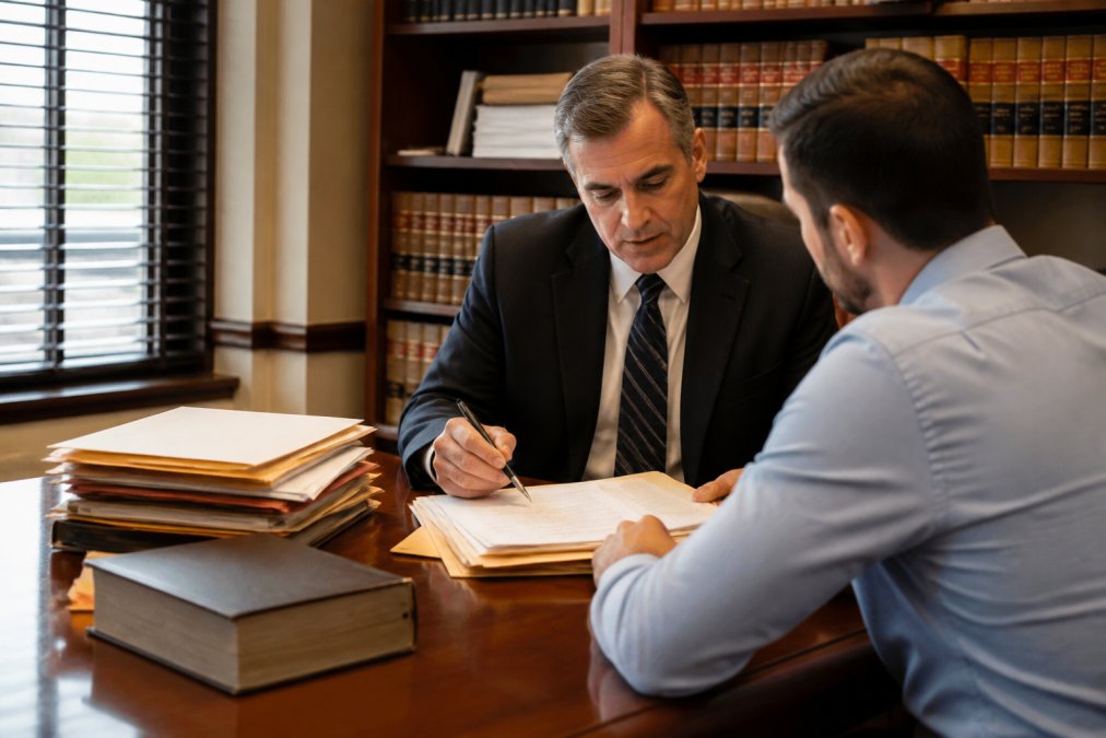 Professional criminal defense attorney reviewing case documents with client in modern law office with law books and case files visible