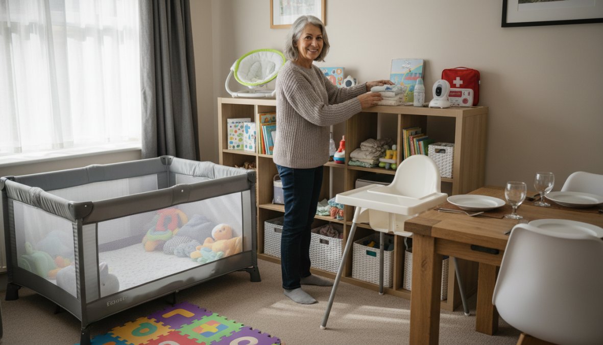 A warm, well-lit living room with a playard set up neatly in the corner, a high chair positioned near a dining table, and a smiling grandmother organizing baby gear on a wooden shelf in soft afternoon light