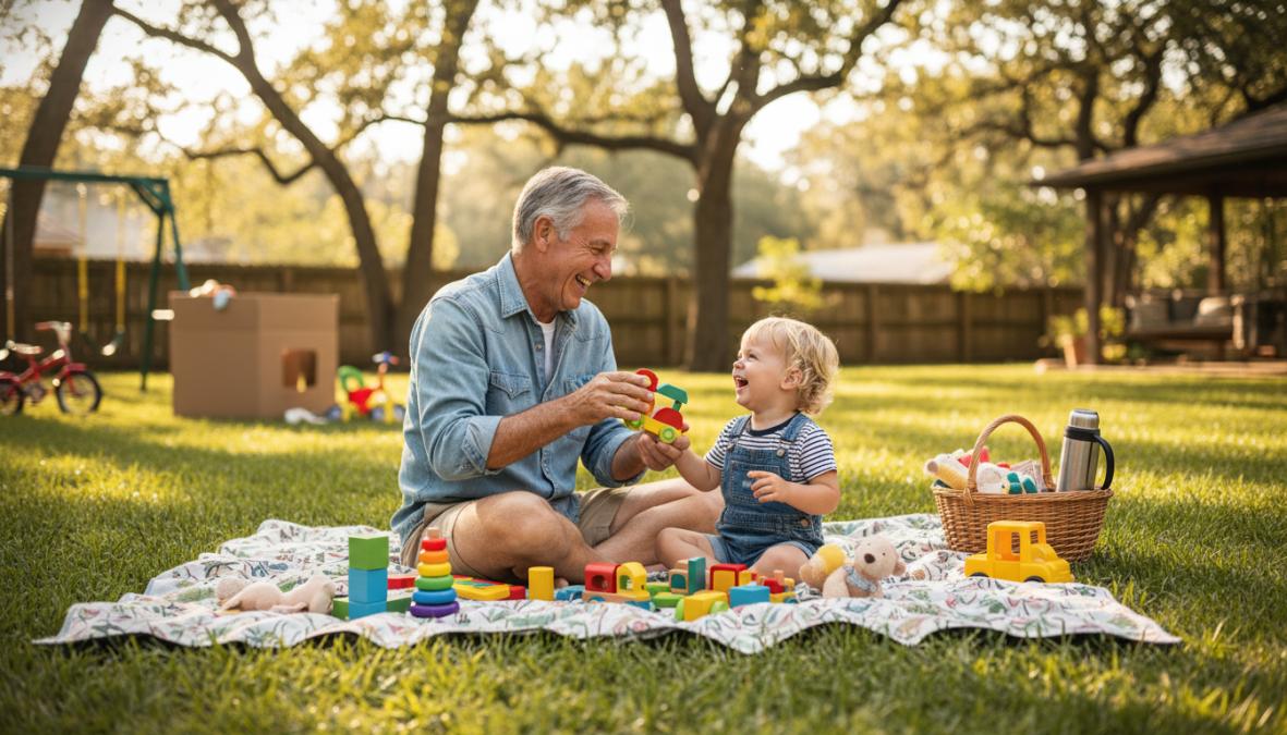 A grandfather and young grandchild sitting together on a sunny outdoor blanket in a green backyard, laughing while playing with colorful age-appropriate stacking toys, warm afternoon light casting soft shadows