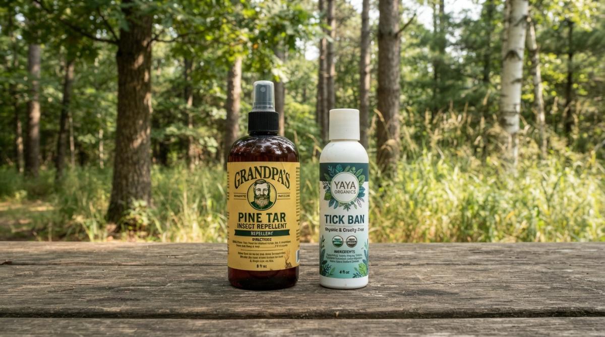 Two natural tick repellent bottles displayed on an outdoor hiking trail with green trees and grass in background, sunlight illuminating the product labels and packaging