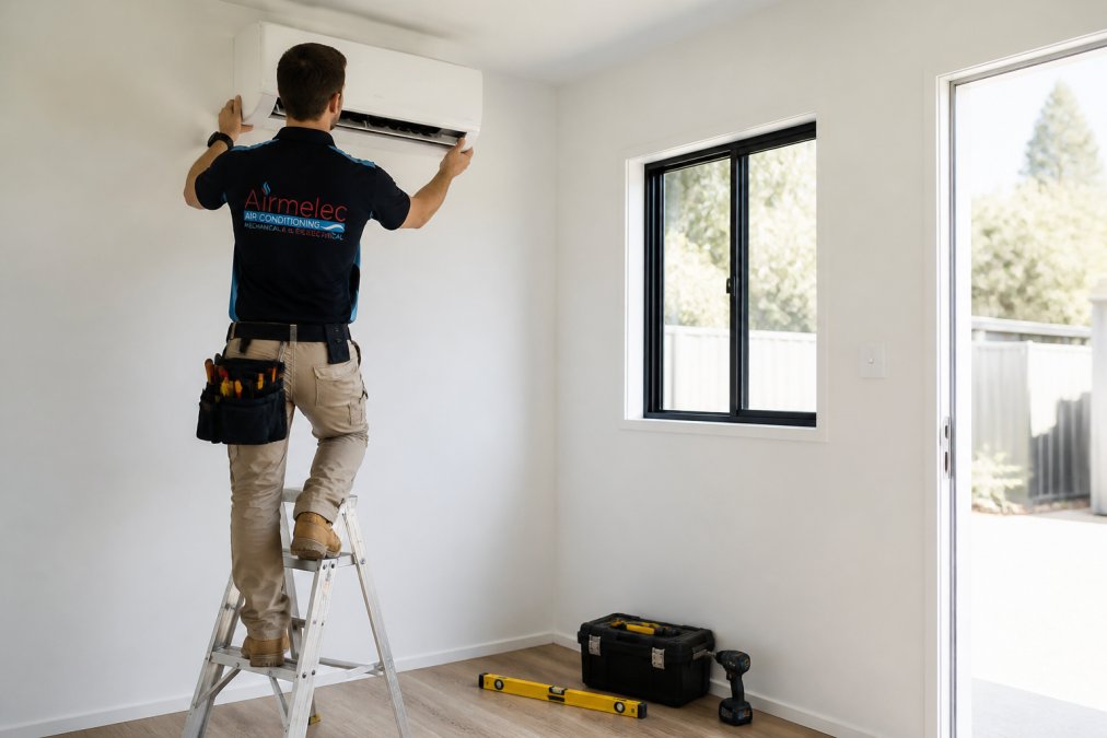 Licensed technician installing an energy-efficient air conditioner during a granny flat electrical setup