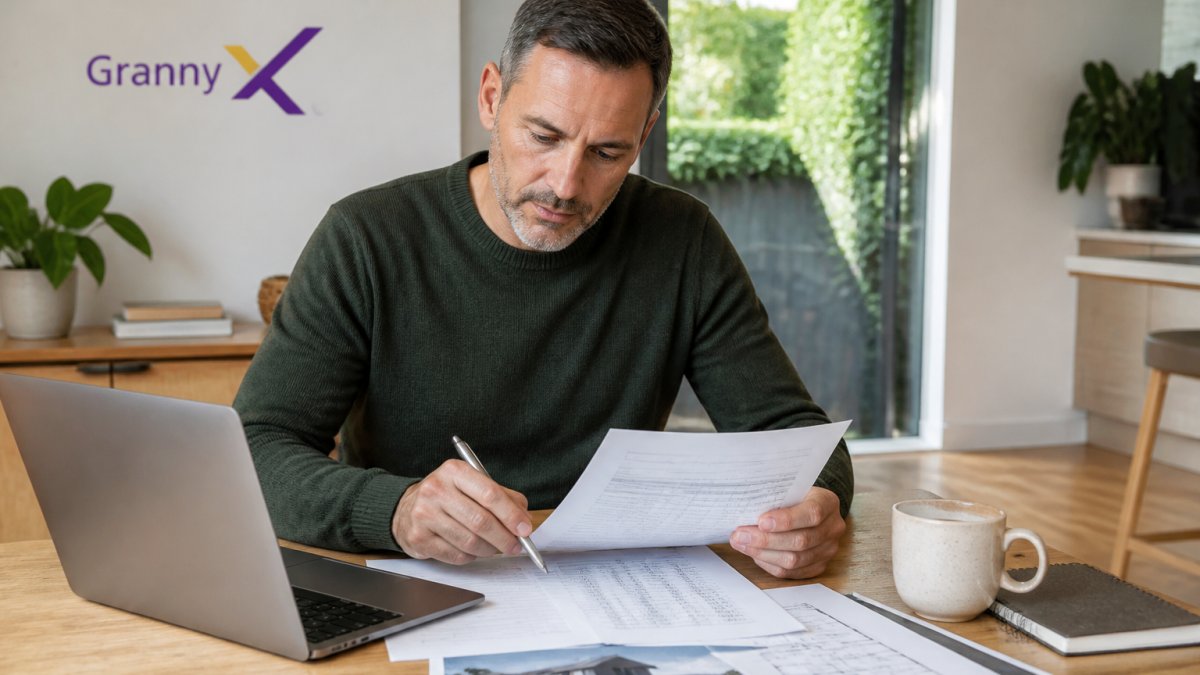 Property owner analyzing a granny flat investment return on a laptop at a desk with financial documents