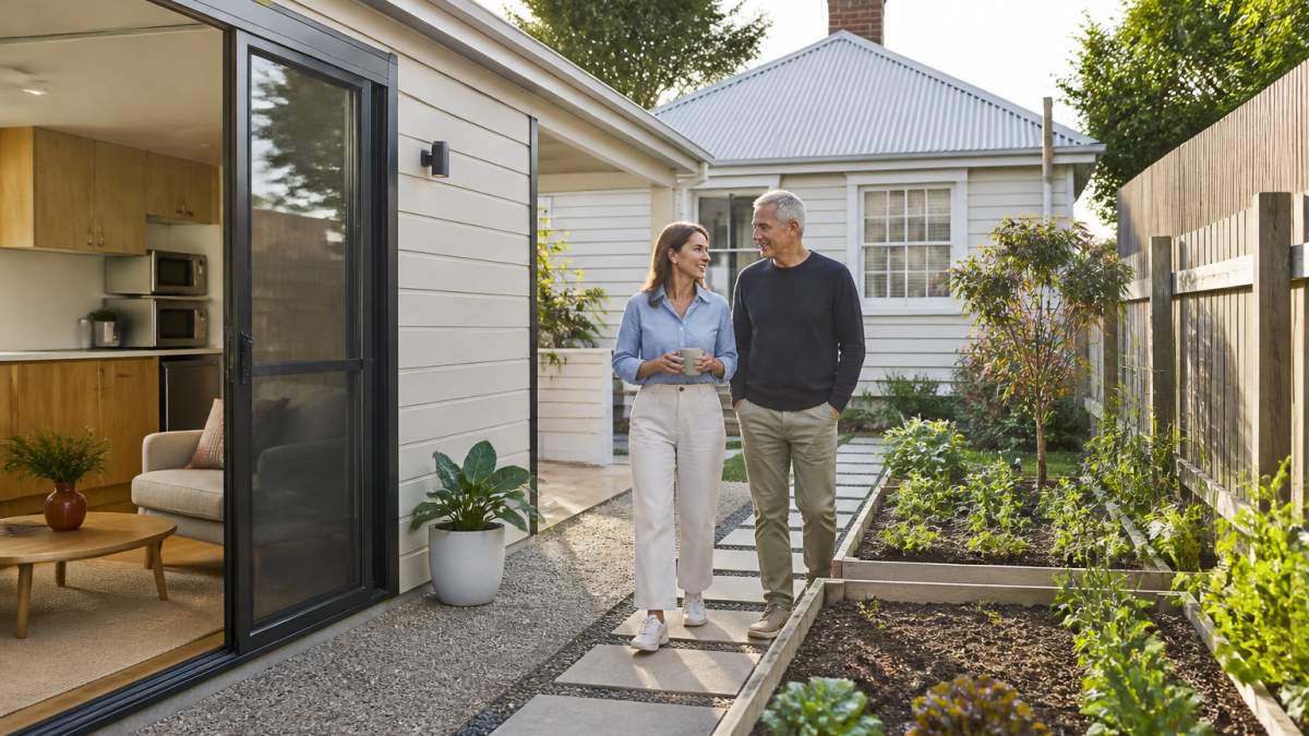 A modern self-contained granny flat in a Melbourne backyard with a paved path, raised garden beds and the main weatherboard house visible in the background under clear afternoon light