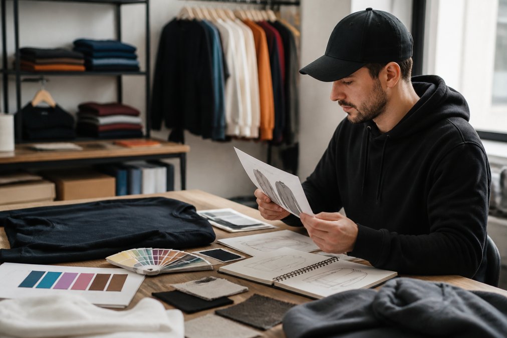 Designer reviewing apparel mockups and fabric swatches for graphic design services for merchandise at a desk