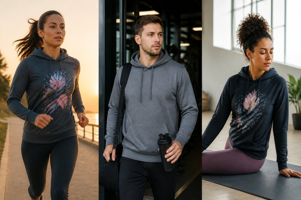 Diverse group of athletes in various settings: woman in fitted graphic hoodie during outdoor morning run, man in pullover at gym entrance, person in graphic hoodie doing yoga in bright studio, all wearing quality activewear