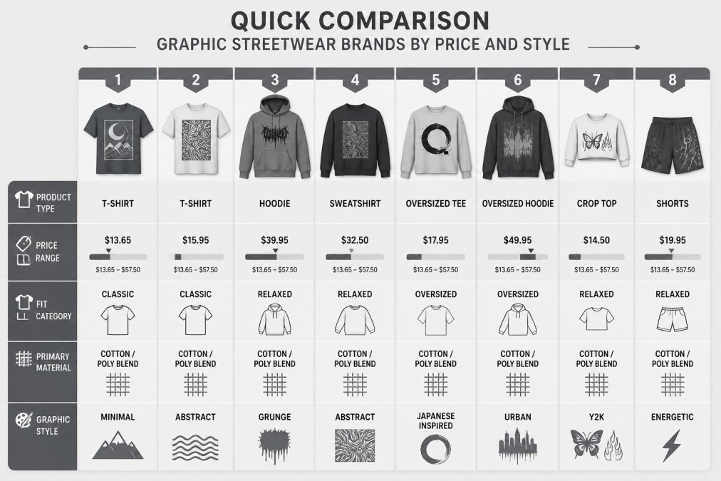 Comparison chart detailing price, fit, material, and graphic styles for streetwear clothing items.