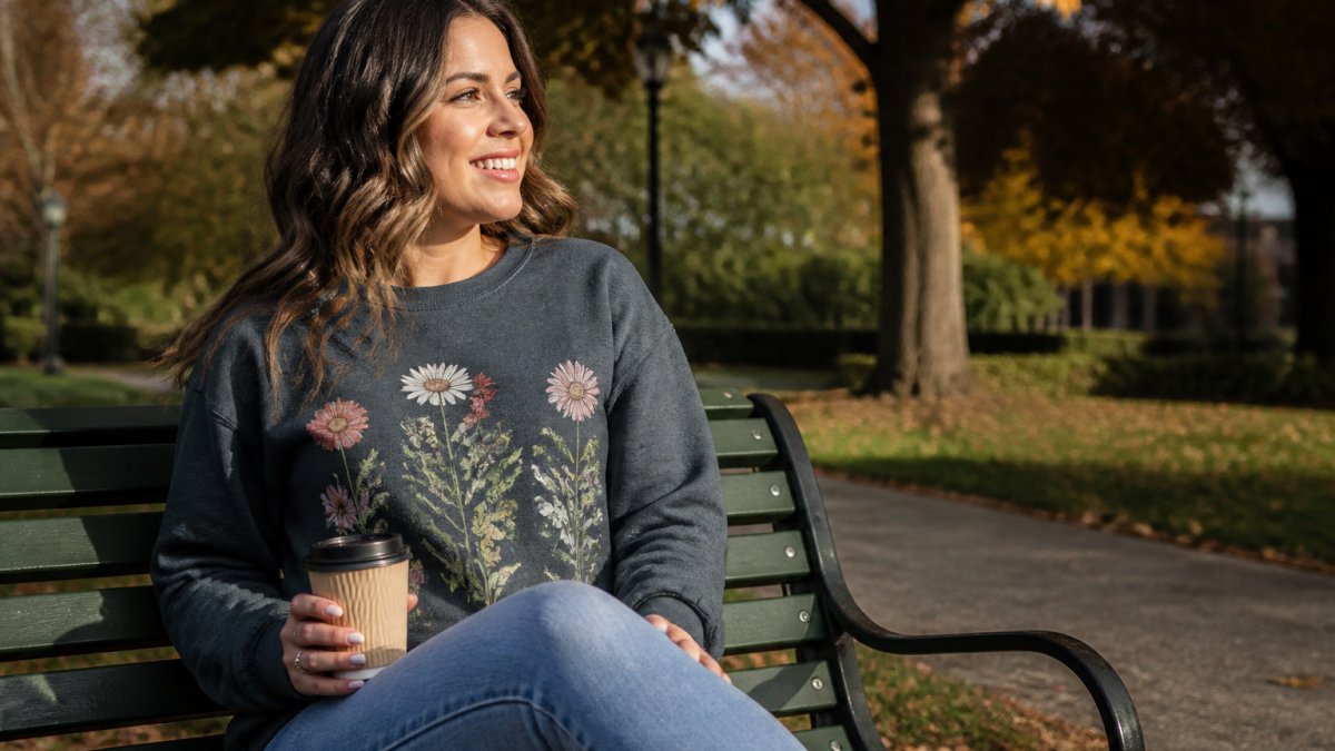 Woman in a graphic crewneck sweatshirt and jeans sitting on a park bench with coffee in soft afternoon light