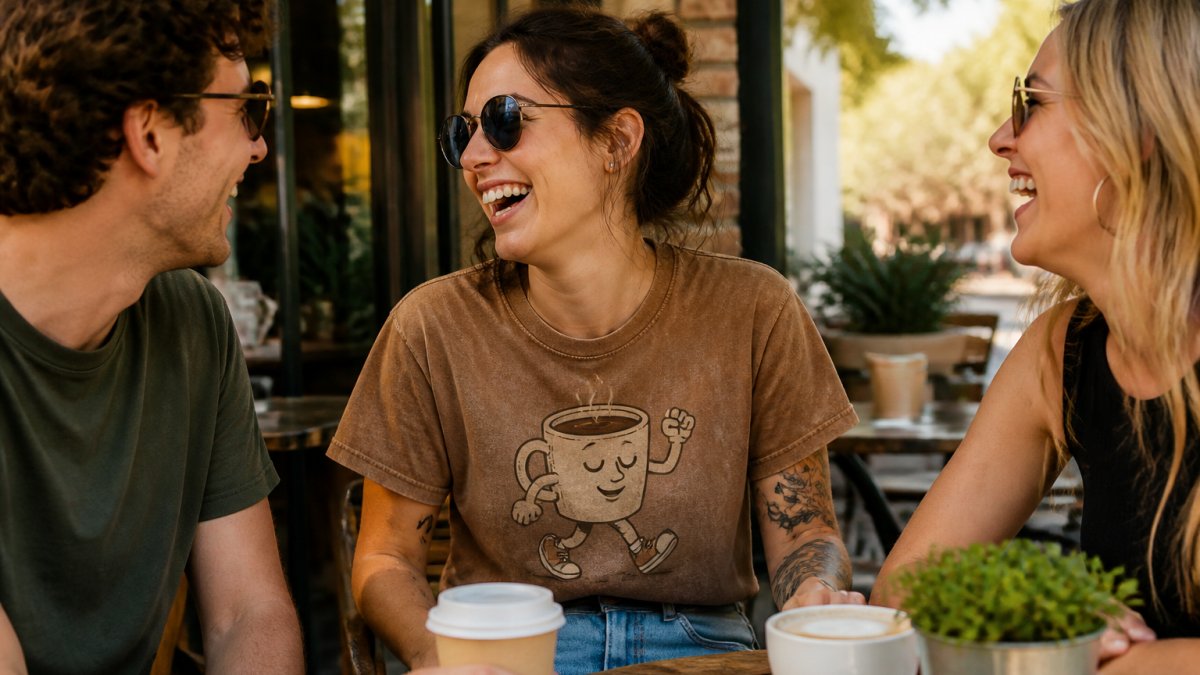 Friends laughing at an outdoor cafe while wearing coffee-themed graphic tees during the afternoon