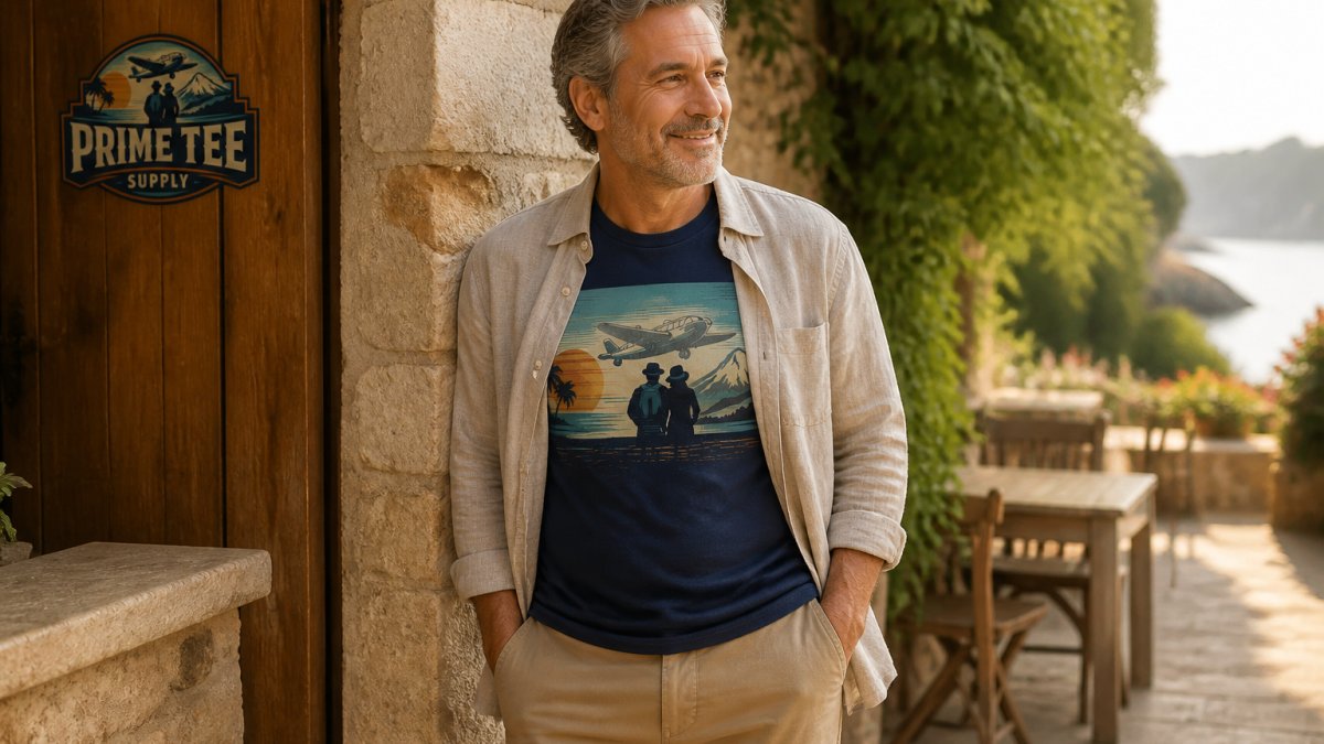 Mature man wearing a retro travel graphic t-shirt styled with neutral khaki pants and a lightweight linen shirt layered open, standing in a relaxed outdoor setting with natural afternoon light