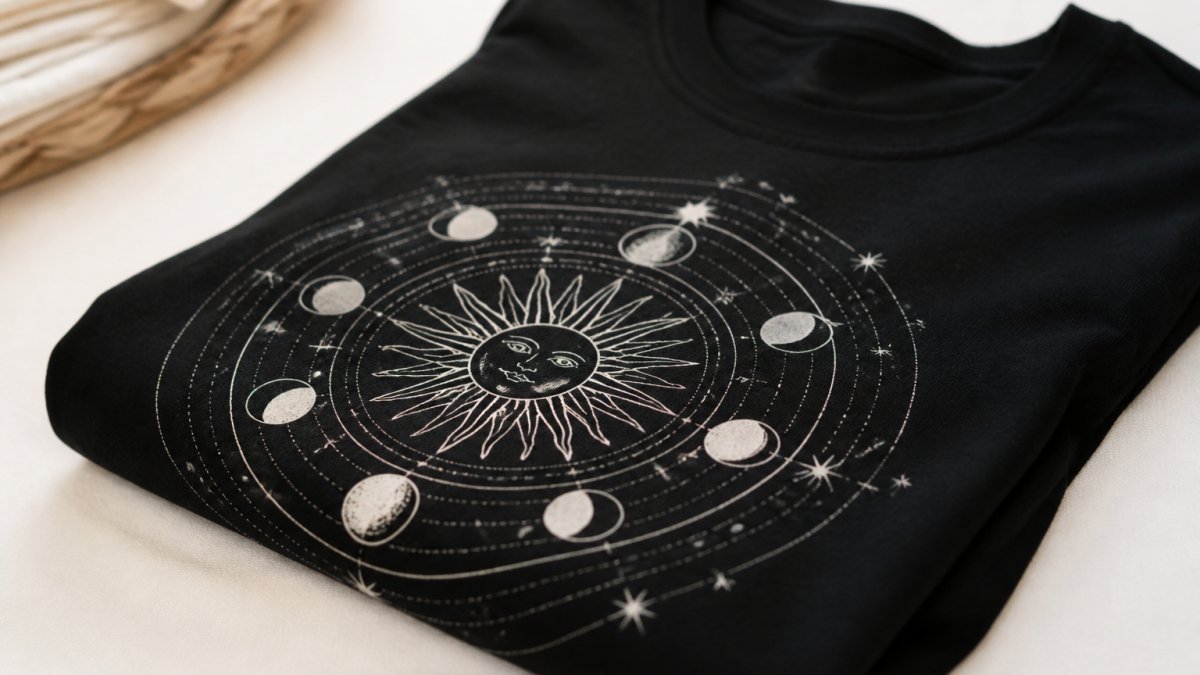 Close-up of a neatly folded graphic t-shirt with original black and white astrology artwork displayed on a clean white surface, showing the print quality and fabric texture in natural daylight