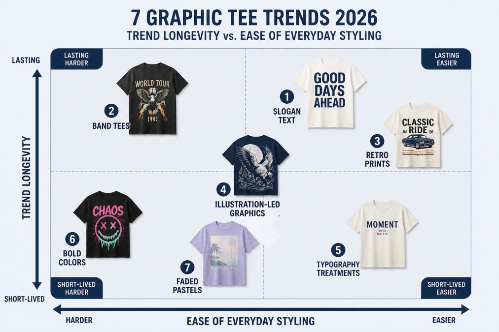 Matrix plotting 7 graphic tee trends on two axes: trend longevity (short-lived to lasting) versus ease of everyday styling, with slogan text, band tees, retro prints, illustration-led graphics, typography treatments, bold colors, and faded pastels each placed in a quadrant