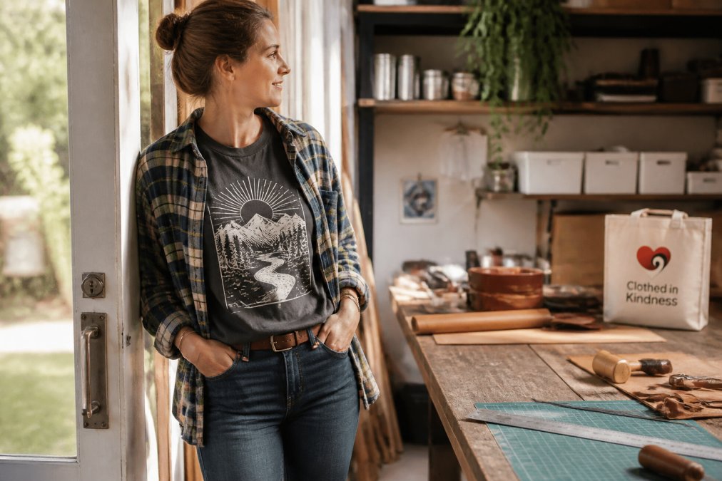 Person wearing a relaxed graphic tee under an open flannel shirt in a doorway, reflecting current graphic tee trends
