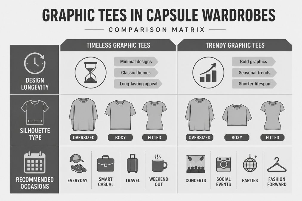 Comparison matrix showing design longevity (timeless vs trendy), silhouette type (oversized, boxy, fitted), and recommended occasions for graphic tees in capsule wardrobes