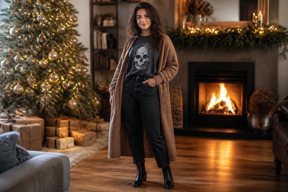 Person wearing an oversized graphic tee tucked into high-waisted dark jeans with a long camel-colored cardigan and black boots, standing in a cozy holiday-decorated interior with warm string lighting and a fireplace in the background