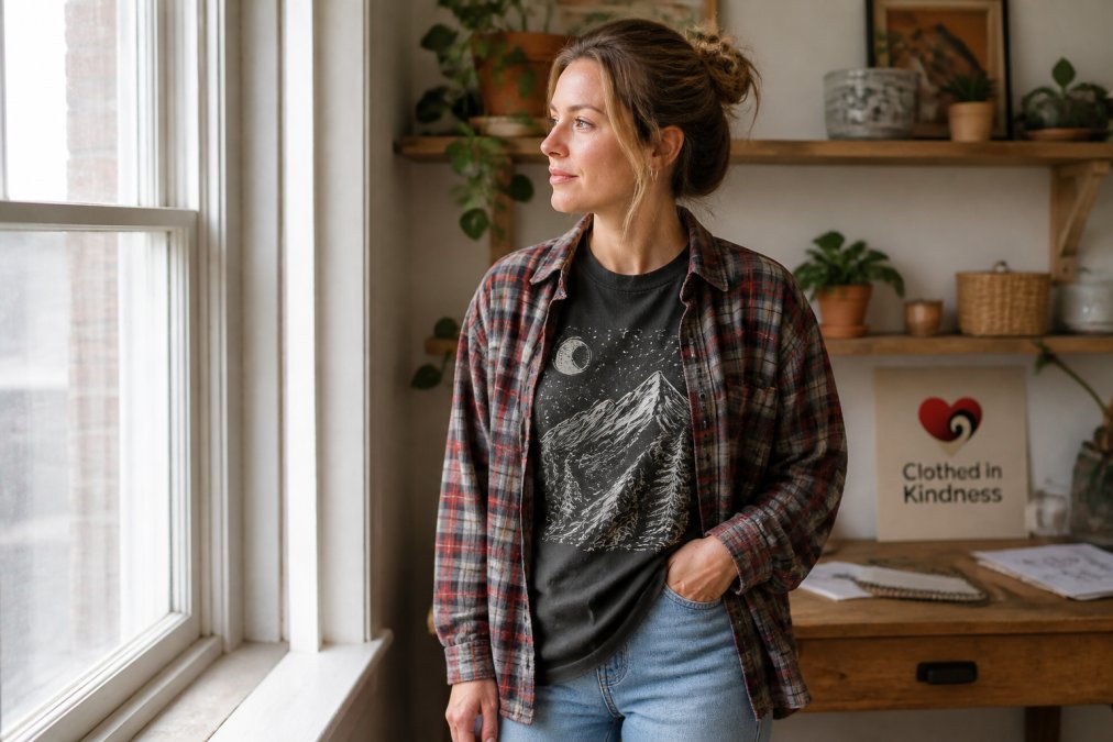 Person in a relaxed-fit garment-dyed graphic tee layered under an open flannel shirt in a bright room