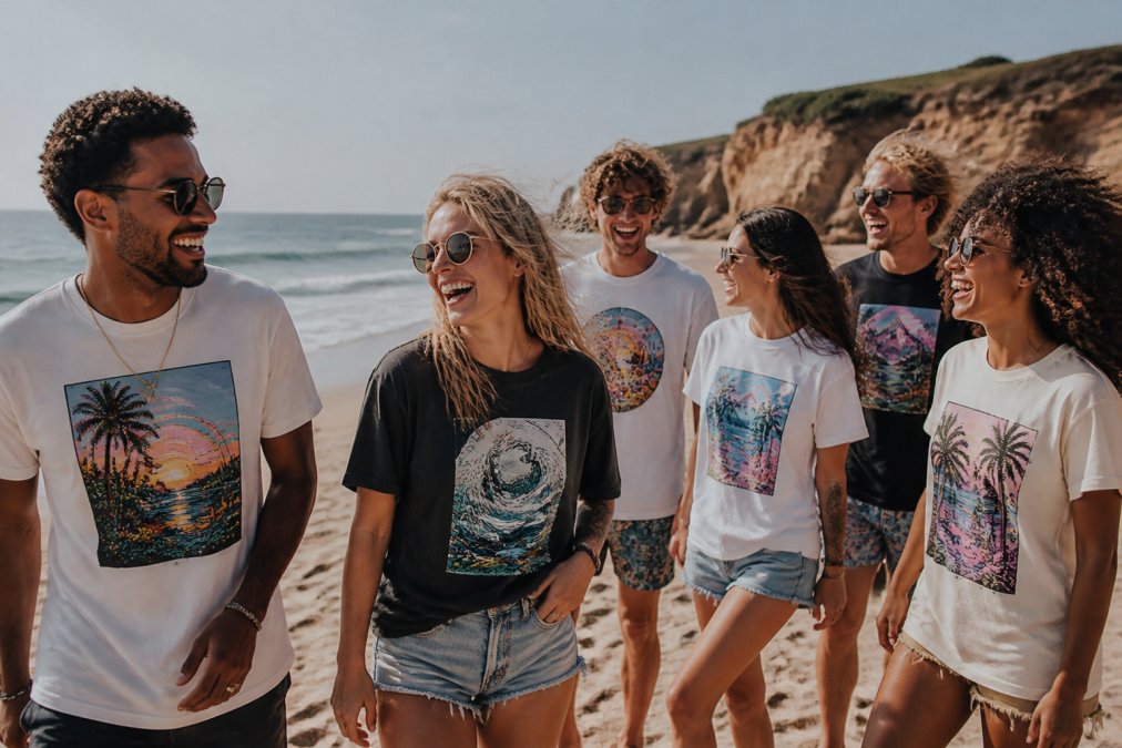 A group of diverse friends laughing together on a sunny beach, wearing colorful graphic t-shirts and casual summer outfits