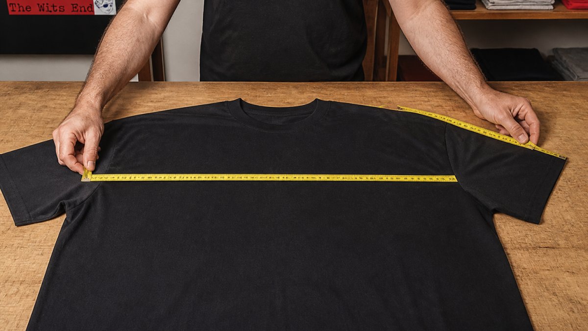Person measuring a laid-flat graphic T-shirt with a measuring tape, showing chest width measurement across the front and sleeve length from shoulder seam to cuff