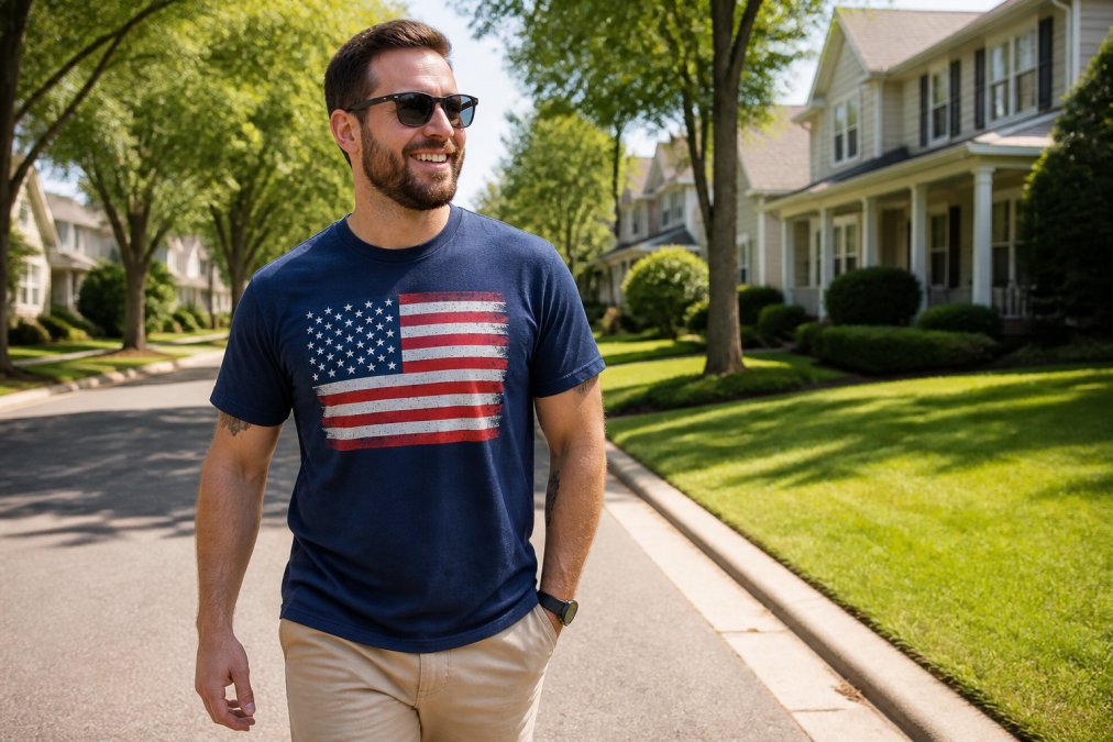 Confident man in his 30s wearing a patriotic graphic tee while walking down a sunlit suburban street