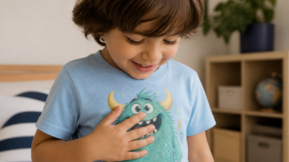 Smiling child wearing a soft cotton graphic tee and touching the fabric comfortably against their chest