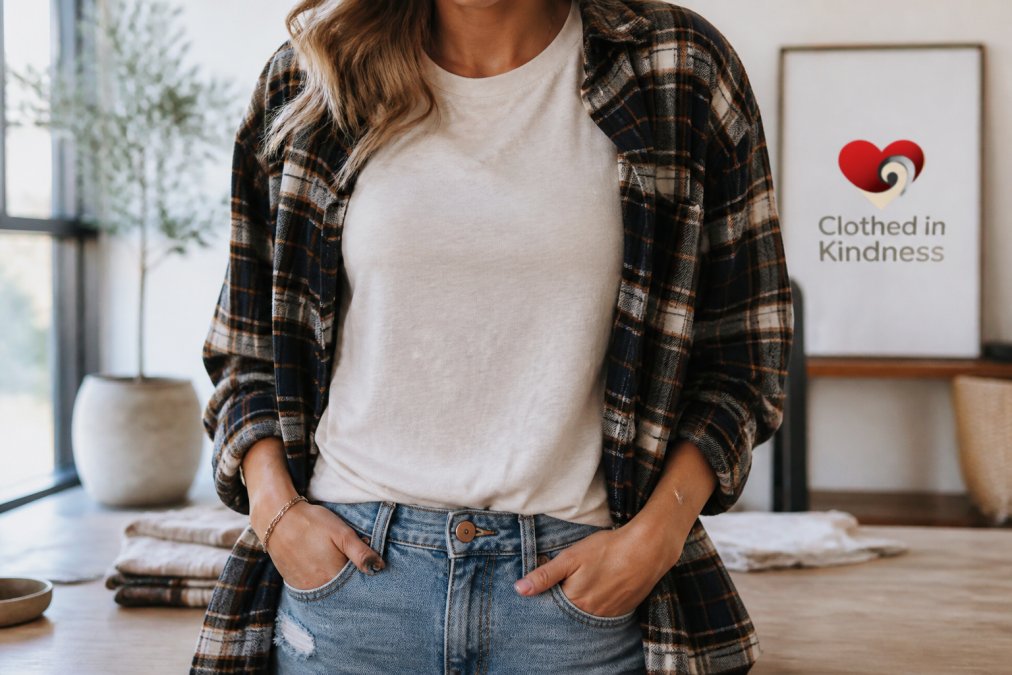 A relaxed, lived-in graphic tee worn with an open flannel and jeans, photographed from the chest down in natural daylight, showing how a simple tee layers into an intentional everyday outfit