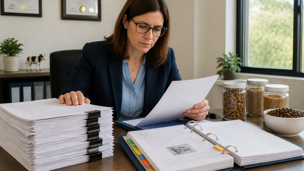 Regulatory affairs specialist reviewing a GRAS notification dossier and compliance checklist in an office