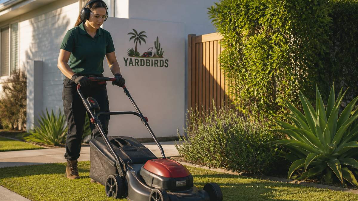 A person wearing safety glasses and ear protection pushing a battery lawn mower across a suburban lawn, low afternoon sun, focus on posture and protective gear