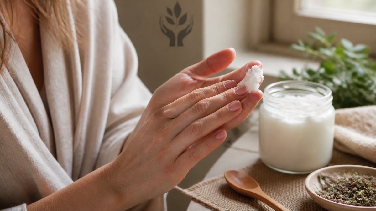 Close-up of a woman's hands gently warming a small amount of white whipped tallow balm between her fingertips, soft natural light from a window, a jar of balm softly blurred in the background