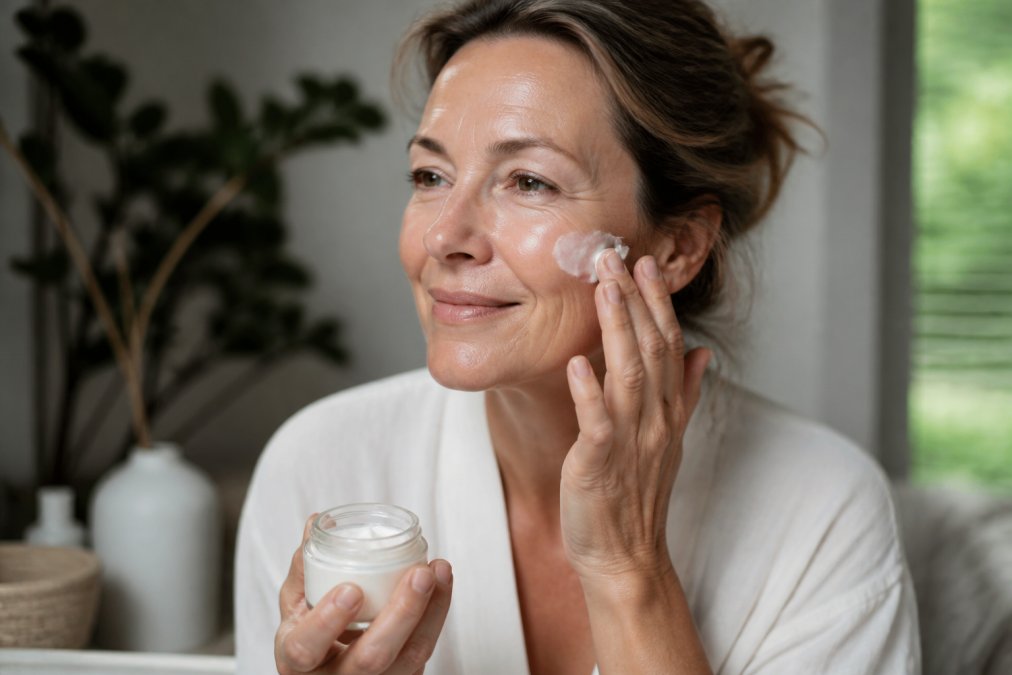 A woman in her 50s with healthy, glowing skin gently applying a small amount of white cream from a glass jar to her cheek, natural daylight, soft focus background
