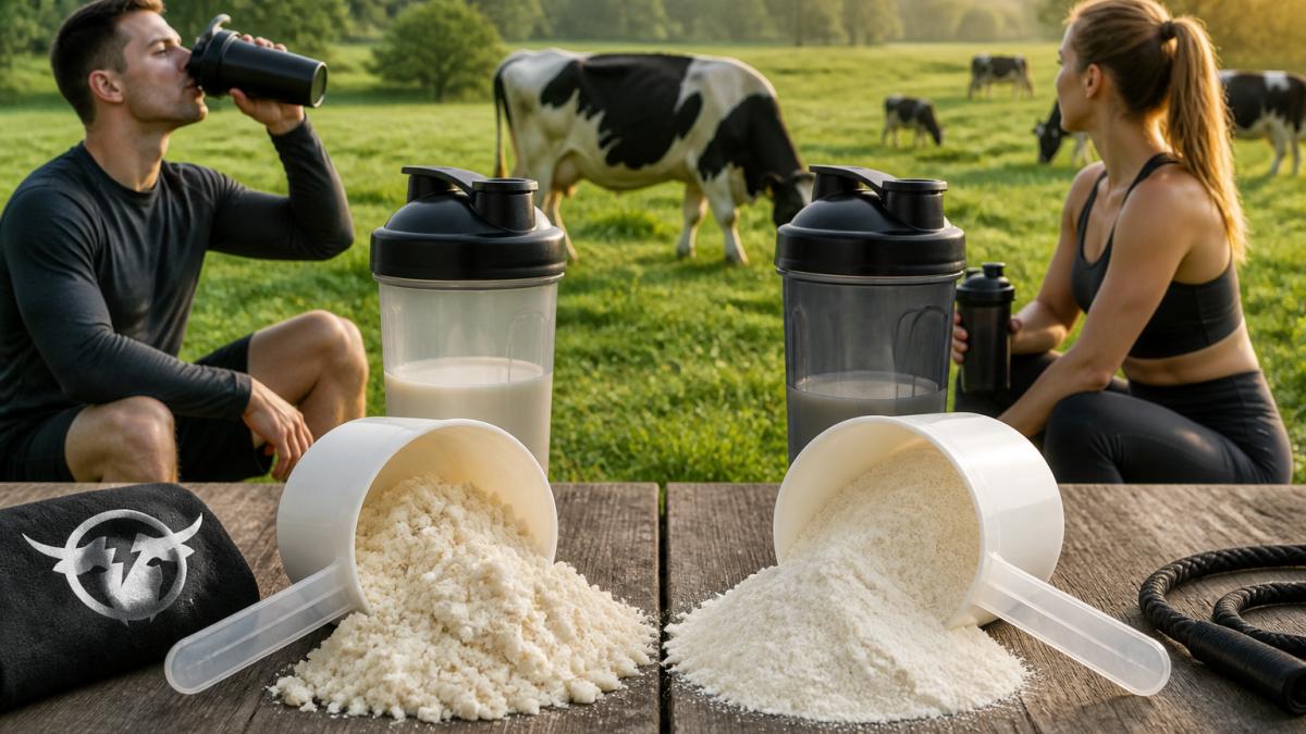 Dairy cows grazing in a lush pasture with protein powder containers in the foreground