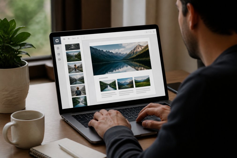 Iemand zit achter een bureau met laptop open, werkend aan een website-ontwerp met drag-and-drop editor zichtbaar op het scherm