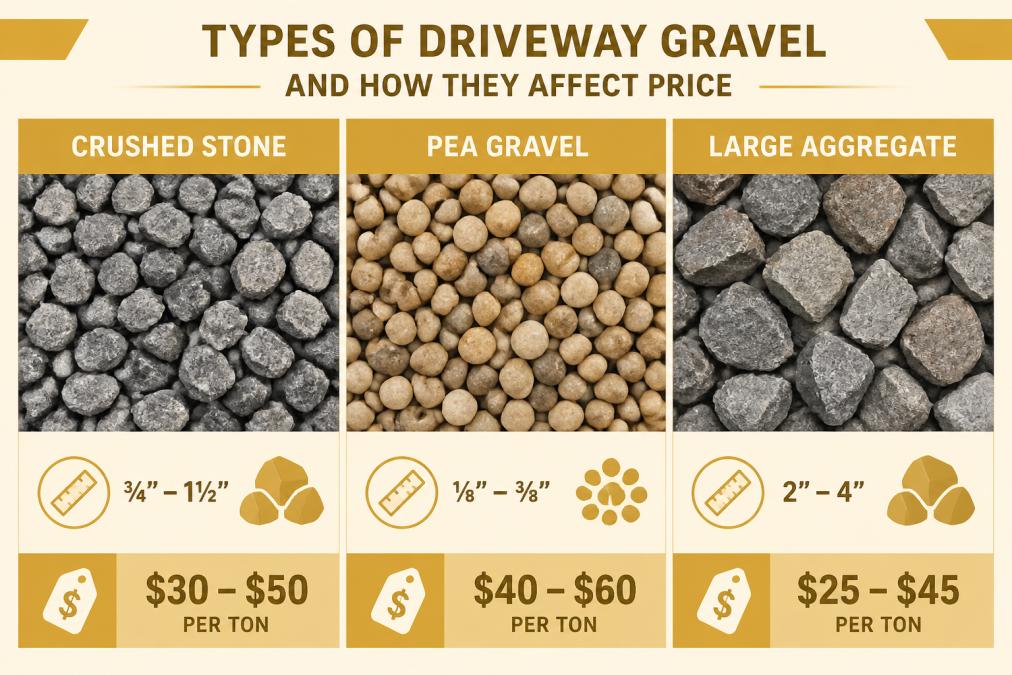 Close-up view of various gravel and stone samples laid out side by side, showing crushed stone with angular edges, pea gravel in rounded form, and larger aggregate stones with clear size and texture differences in natural daylight