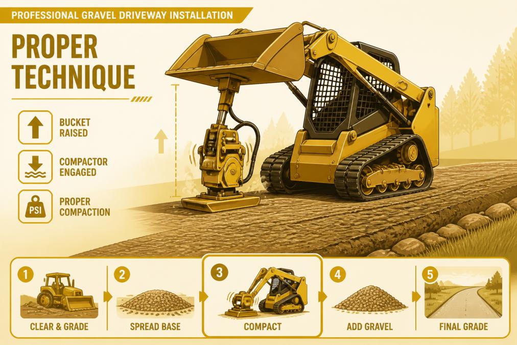 Professional equipment operator using a skid steer loader with compaction attachment to grade and tamp a driveway base, showing proper technique with bucket raised and compactor engaged on prepared earth
