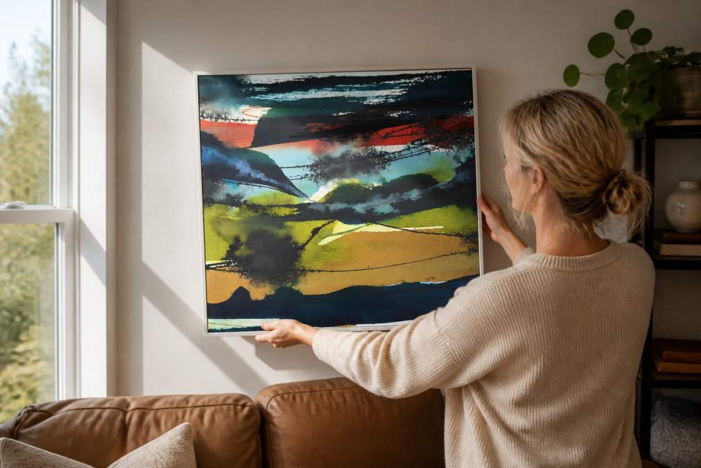 Person's hands holding a framed original landscape painting against a living room wall with natural daylight streaming through a window, showing how the artwork complements the interior space