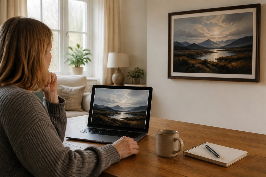 A collector sitting at a wooden desk in a sunlit living room, comparing a framed landscape painting on the wall with the same artwork displayed on a laptop screen beside them