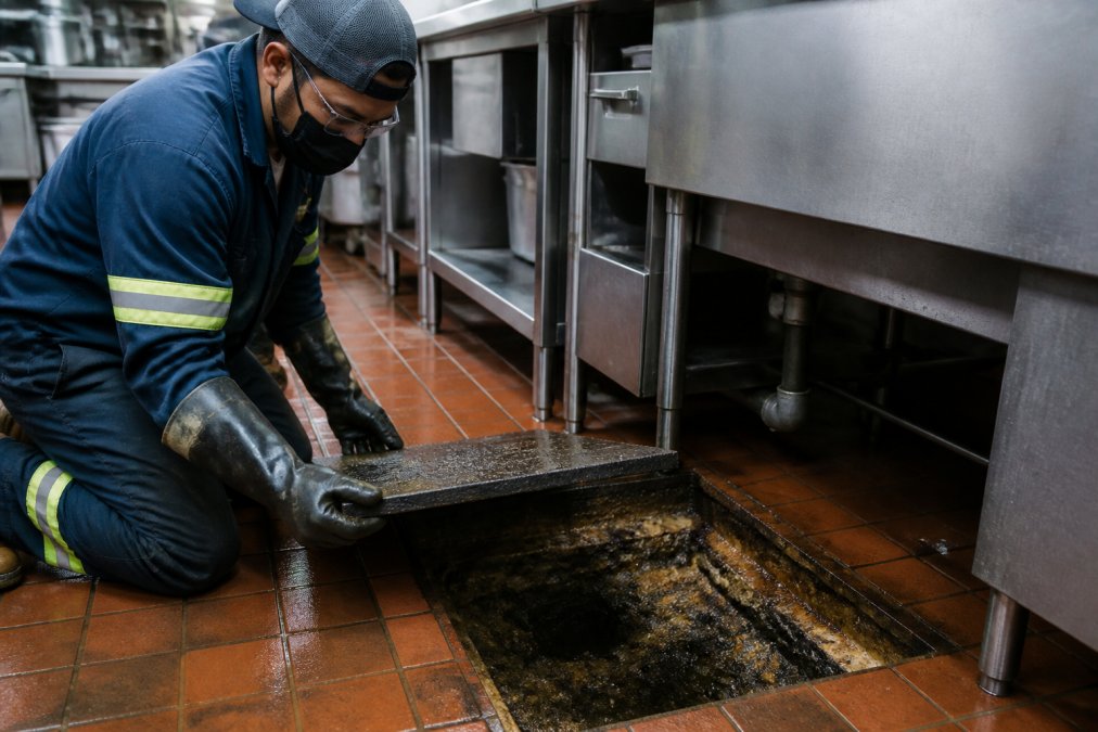 Professional plumber in full PPE opening a grease trap cover in a commercial kitchen, revealing accumulated dark sludge and scum layer inside the trap beneath stainless steel counters