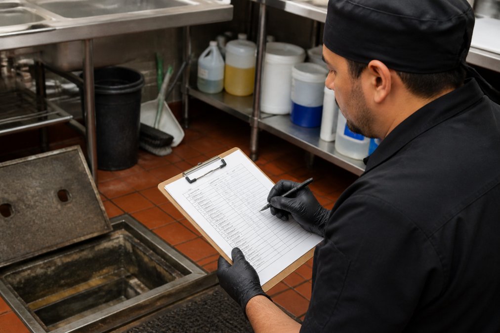 Restaurant kitchen staff with maintenance clipboard reviewing a grease trap maintenance log, with cleaning supplies and equipment visible in the background near the trap access point