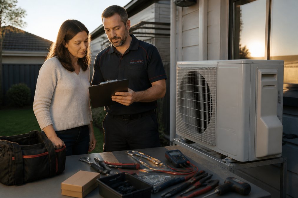 A homeowner and a licensed technician in uniform reviewing a clipboard checklist beside an outdoor air conditioning unit in a suburban backyard, late afternoon light