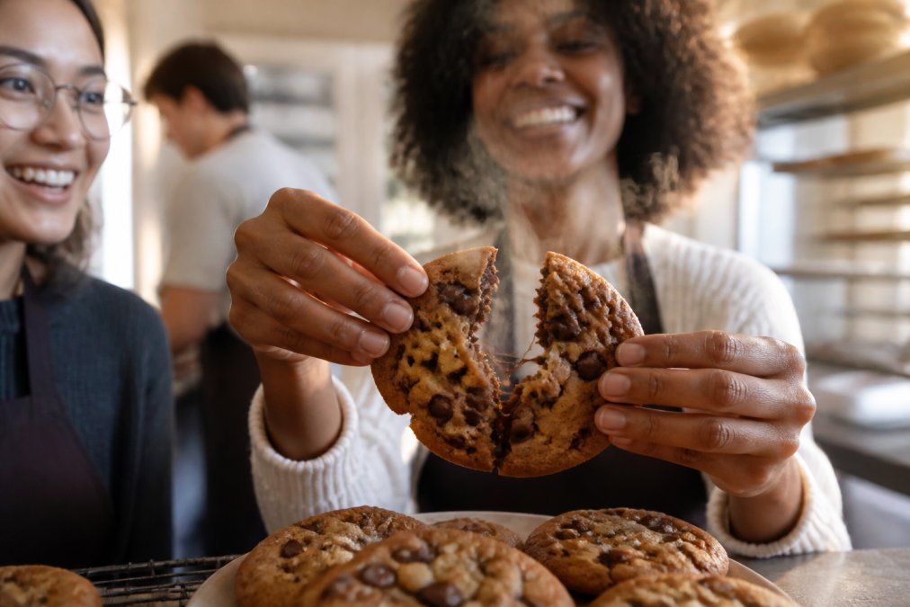 A close-up of a hand breaking a warm chocolate chip pecan cookie in half over a plate, steam rising, gooey chocolate stretching between the halves, soft kitchen light in the background